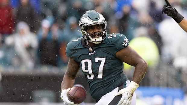 Oct 2, 2022; Philadelphia, Pennsylvania, USA; Philadelphia Eagles defensive tackle Javon Hargrave (97) reacts after a fumble recovery against the Jacksonville Jaguars at Lincoln Financial Field. Mandatory Credit: Bill Streicher-USA TODAY Sports